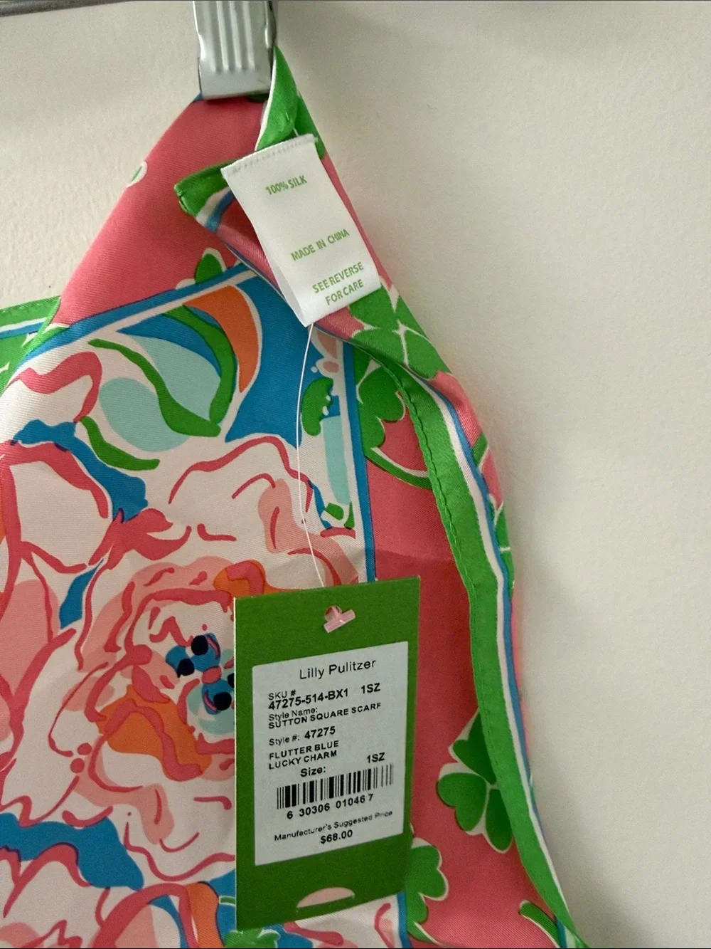 Lilly Pulitzer Flutter Blue Lucky Chatm  Silk Scarf  18”x18”